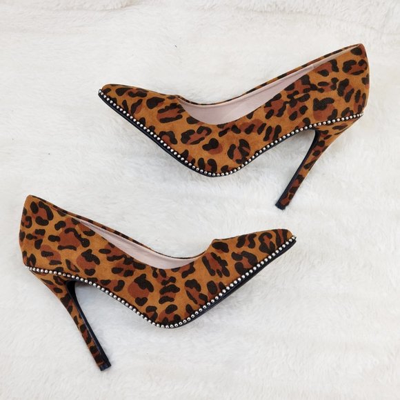 Brand New Leopard Print Stud Trim Pointy Toe High Heel Pumps - Picture 6 of 12